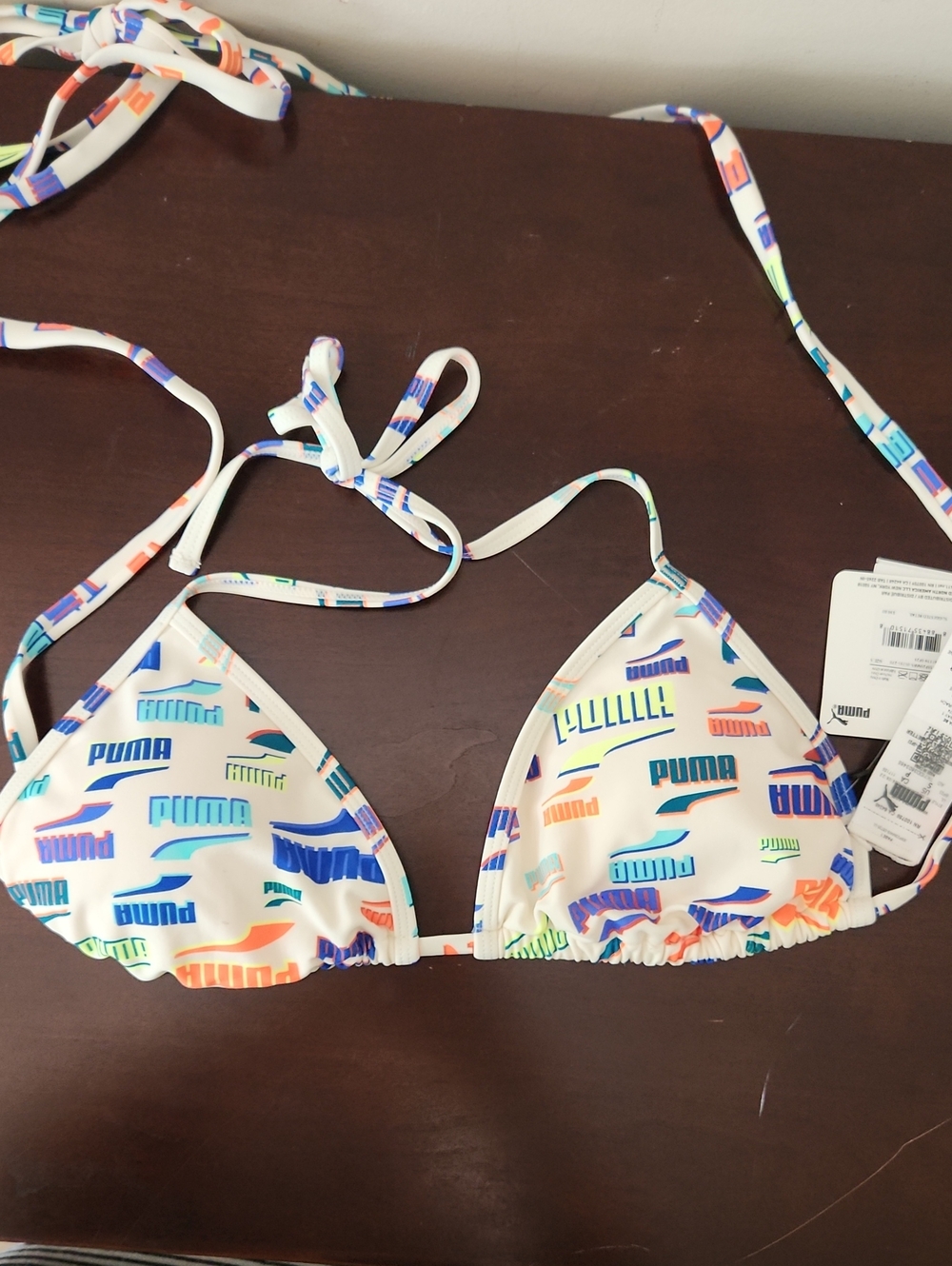 Puma Girls' White Triangle Bikini Top with Multicolor Logo Print
